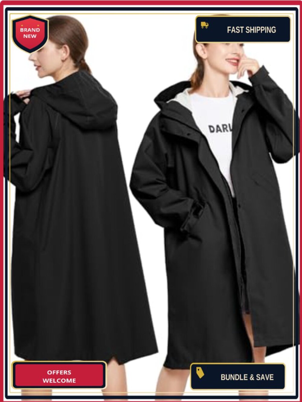Long Waterproof Raincoat for Women Lightweight Hooded Rain Jacket